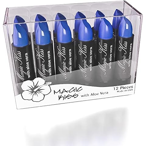 Magic Kiss Pack of 12 Color Changing Aloe Vera Lipstick set, MADE IN USA (Blue) Cover
