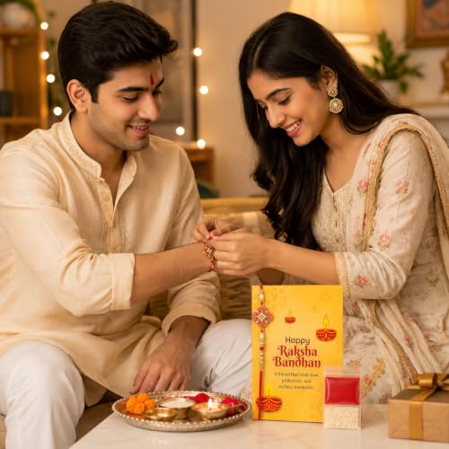 Image of Fairus Rakhi Set for Brother with Roli Chawal and Greeting Card | Traditional Bracelet for Rakshabandhan | Unique Combo Gift for Bhai