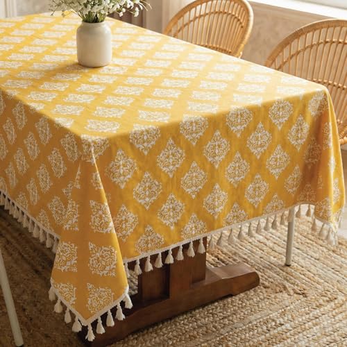 Image of Urban Space 100% Cotton Dining Table Cover 6 Seater, Printed Cotton Table Cloth for Center Table Boho Tassels (6 Seater- 48 inch x 92 inch, Mustard)
