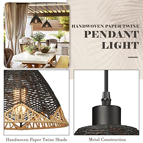 Image of zeyu 1-Light Rattan Pendant Light, Farmhouse Boho Hanging Lamp for Dining Room Kitchen, Handwoven Paper Twine Shade in Black Finish, ZSL69MIL BK