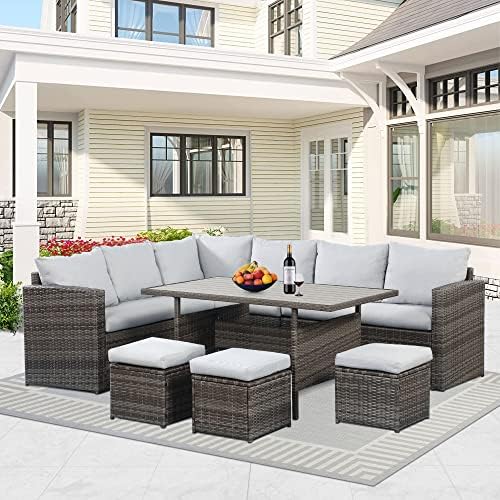 Solaste 7 Piece Furniture Set, All Weather Wicker Outdoor Sectional Couch Sofa Dining Table Chair Set, Rattan Patio Furniture Conversation Set with Ottoman Cushion