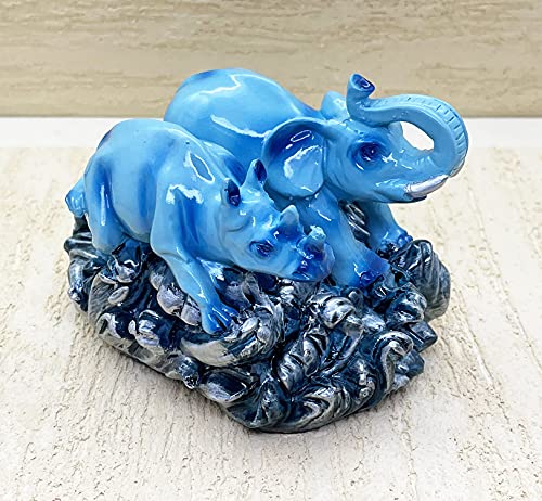 Image of Natchcart Exclusive Fengshui Polyresin Blue Elephant with Trunk Up & Hippo Wealth Good Luck & Fortune. (ES-2587)