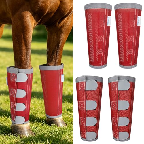 Image of Reflective Horse Fly Boots Set of 4, Loose Fitting Leggings for Horses, Equine Fly Leg Wraps Socks for 4 Legs, Breathable Adjustable and Universal Fit, Reliable Stay Put and on (Red)