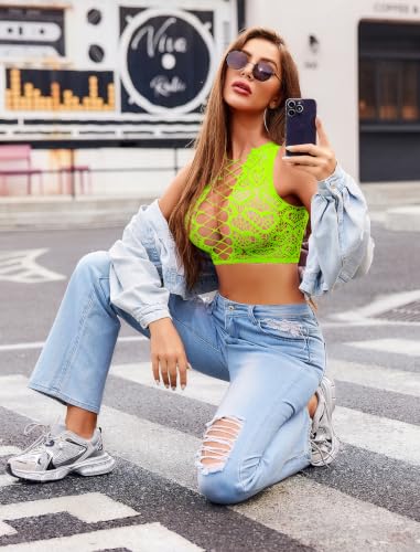 Image of Avidlove Womens Fishnet Lingerie Set Sexy Two Piece Lingeries Hollow Out Stripper Outfit Heart Print Mesh Crop Tops