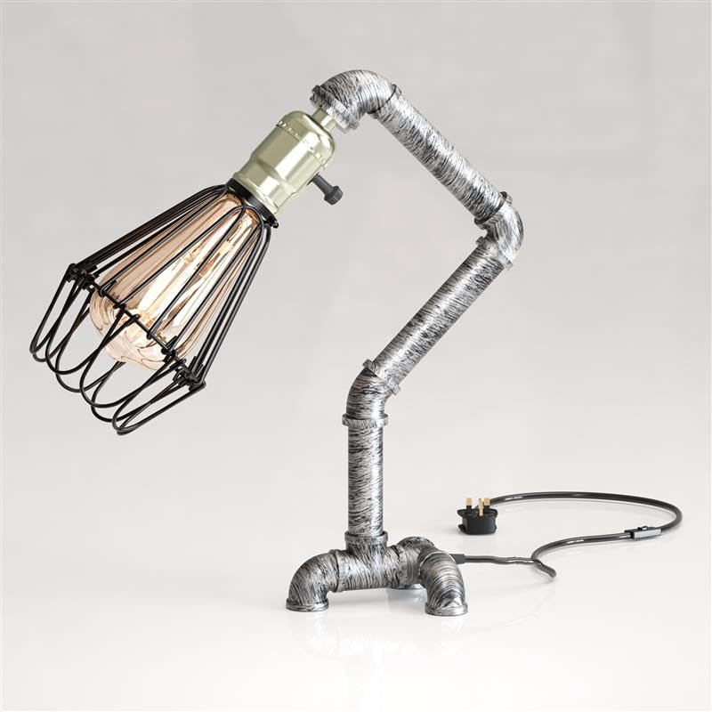 LEDSone Industrial Steampunk Pipe Desk Lamp Vintage Water Pipe Table Light 40cm Brushed Silver E27 Retro Bedside Lamp for Bedroom Living Room Office Study Loft Lighting
