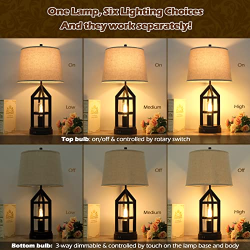 Farmhouse Table Lamps for Living Room Set of 2, 3-Way Dimmable Touch Control Bedside Lamps with 2 USB Charging Ports, Bedroom Reading Lamps for Nightstand, Rustic Home Decor, 4 LED Bulbs Included - Image 2