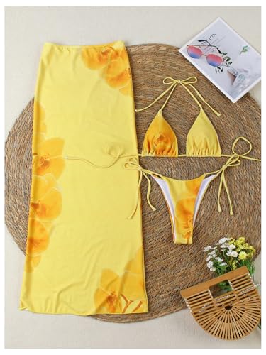 Verdusa Women's 3 Piece Floral Print Bikini Sets Swimsuit with Mesh Maxi Skirt4