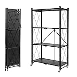 seacall 折り畳み メタルラック 折りたたみラック 4層 大容量 幅70CM 金属製の収納ラック 折り畳み棚 360°キャスター付きで移動可能 ック設置不要 家庭用収納ラック キッチン 寝室 応接間 書斎などに (ブラック, 四階)