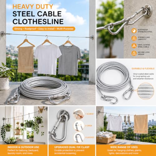 Image of Steel Cable Heavy Duty Clothesline Drying Rope 10 Meter with Hooks | Wire Rope with Clamps and Thimbles for Zipline, Fencing, Deck Railing, Winch Cable (Pack of 1)