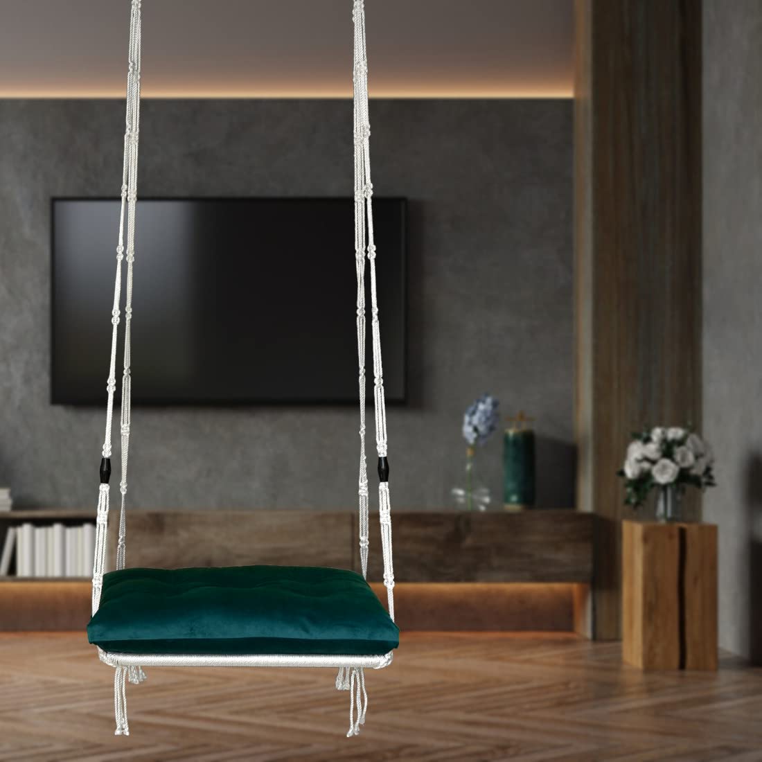 Patiofy Swing for Adults, Balcony, Garden & Indoor. Blue Cushion Hanging Hammock, White, Polyester, 20 x 58.4 x 167.6 Cm-image-15