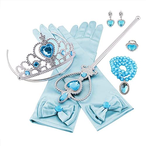 Vicloon Prinzessin Kostüme Eisprinzessin Set of 9, ELSA Handschuhe, Pfirsichherz Krone, Zauberstab, Halskette, Ring, Ohrring.(Blau)