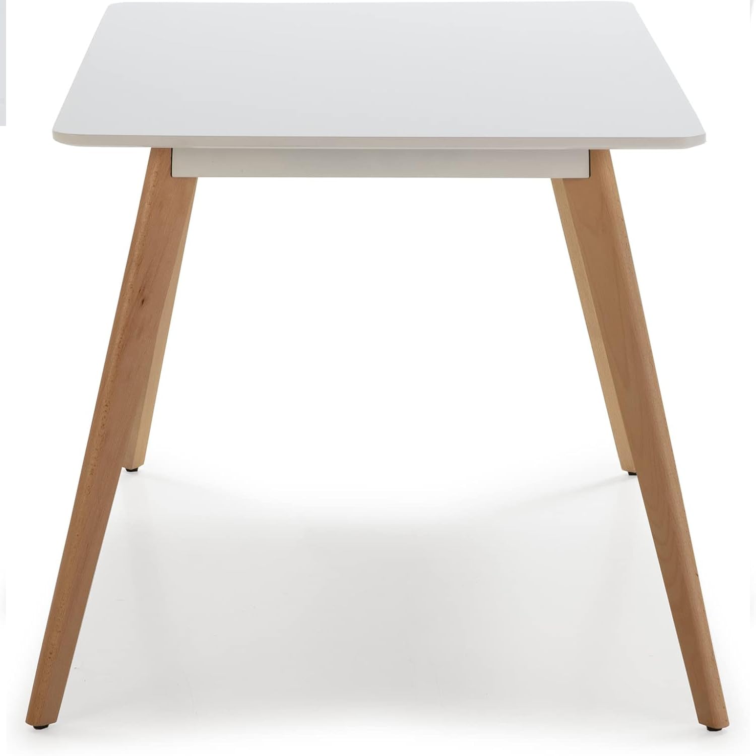 Mesa Comedor, Mesas de Cocina Estilo Nórdico, Diseño Resistente, Duradero y Ligero, Tablero MDF Blanco Mate, Patas de Madera de Haya, 120 x 80 x 75 cm