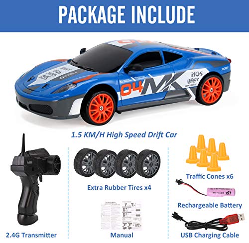 Image of RC Drift Car 1 /24 2.4GHz 4WD Remote Control Sport Racing On-Road Vehicle with LED Light, Batteries and Drift Tires (Blue 460)