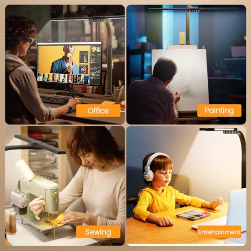 Image of SIBRILLE Upgraded Desk Lamp for Home Office - Dimmable Computer Desk Light with Remote, Modern Architect Task Lamp with Color Changing, Flexible Desktop Lamp with Gooseneck for Monitor, Double Head