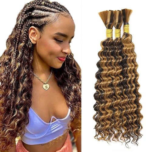 Honey Blonde Human Braiding Hair Deep Wave Bulk for Braiding 30 30 30 Inch P427 Deep Wave Bulk Human Hair Weave 3 Bundles 150g P4/27 Wet and Wavy Bundle