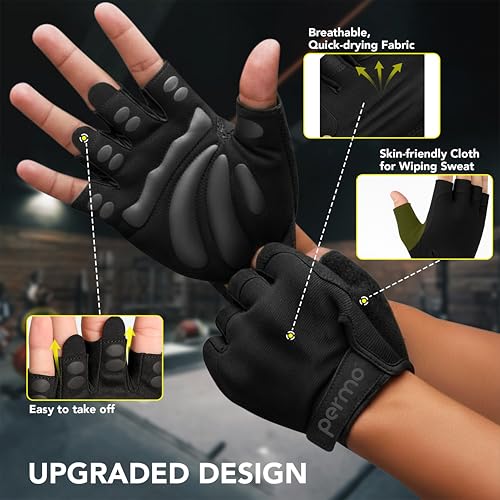 Image of permo Gym Gloves with Wrist Support, Pro Padded Palm Weight Lifting Gloves, Cycling, Anti-Slip Gym Gloves for Exercise, Powerlifting, Cross Training, Workout, Best for Men & Women, Black