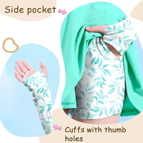 Image of HOZIY Girls Long Sleeve Swimsuit Two Piece Rash Guard Dress with Swim Shorts Front Zip for Kids Tween Teens UPF 50+