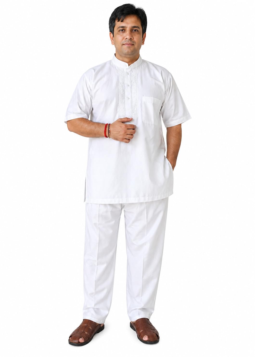 Lucknowi Pure Cotton Chikan Short Kurta Half Sleeve for Men - Traditional Indian Ethnic Wear-image-28