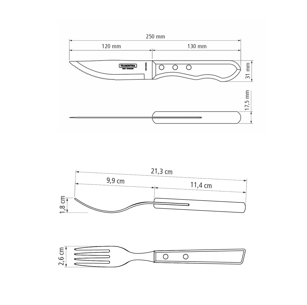 Tramontina Juego de 12 cubiertos para carne, AISI 420, madera auténtica, acero inoxidable, plata, 25.5