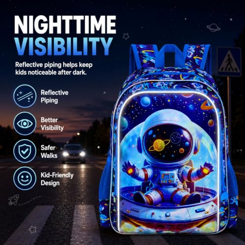 Image of 3Pcs Space Backpack for Boy, 16 inch Astronaut Bookbag for Elementary Preschool Kindergarten, Kids School Backpacks with Lunch Box (Blue)