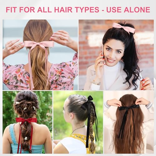 Ewagoa 8 Pcs Silky Satin Hair Bows With Tassel For Women Grils, Tassel Ribbon Bowknot Hair Clips For Ponytail Holder. Pink thumb #4