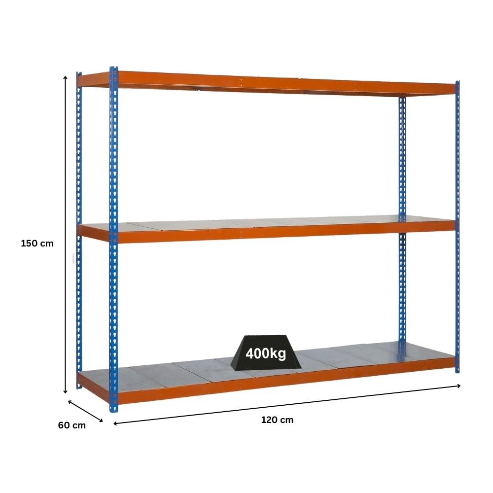 PROREGAL Schwerlastregal MID Metal YETI Three | HxBxT 150x120x60cm | Fachlast 400kg | Blau-Orange | Regal Standregal Werkstattregal Lagerregal Kellerregal