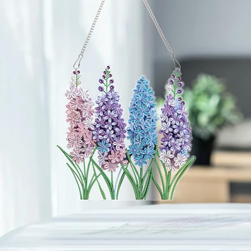 Image of Large Lavender Diamond Painting Suncatcher Hanging Kits for Adults | Flower DIY Hanging Diamond Art for Adults, Window & Wall Decor, 5D Crystal Diamond Art Pendant