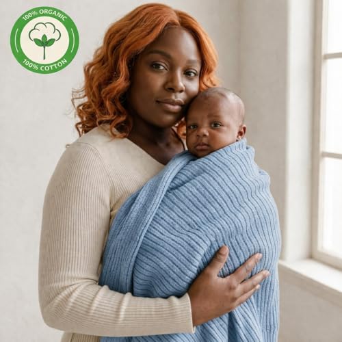 Image of 100% Organic Cotton Knit Receiving Baby Blanket for Newborns - Soft, Breathable Blanket for Crib & Stroller - Nursery Gift 2-Pack (Ribbed Fog /Baby Blue).
