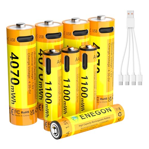ENEGON 単3型充電池1100mWh4本＋単4型充電池4070mWh4本付属（1.5Vリチウム電池）、4-in-1 USB-C充電ケーブル付属,おもちゃ、ラジコンカー、電子機器用