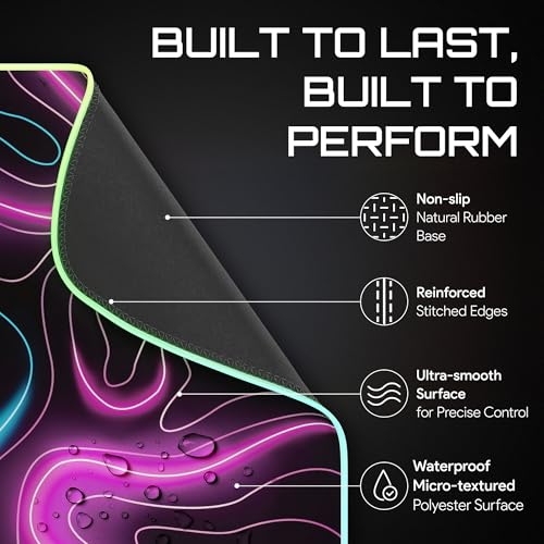 Image of Gerlos RGB Gaming Mouse Pad, Large LED Desk Mat, 31.5 x 11.8 Inch | 12 light modes, non-slip base, water-resistant surface, stitched edges