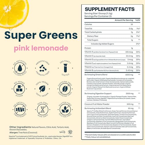 Image of BE AMAZING Super Greens Powder with Prebiotics, Digestive Enzymes & Antioxidants, 35 Fruits & Veggies, Electrolytes & Fiber, Vegan, Gluten Free Juice & Smoothie Mix, Pink Lemonade, 25 Servings