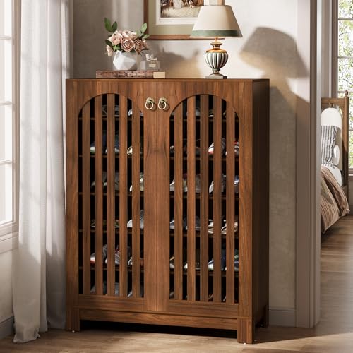 Image of Tribesigns Shoe Storage Cabinet with Louvered Doors, 6-Tier Shoe Storage with Adjustable Shelves, Wood Shoe Rack Organizer for Entryway, Living Room, Walnut