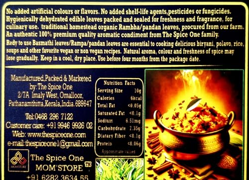 Image of MOM'STORE Rambha Pandan Basmathi Biryani Leaves Dehydrated 10g | Aromatic Natural Dried Pandanus Herb, For Biryani, Pulavo, Curries, Desserts and Beverages, Authentic Flavour from Own Farm
