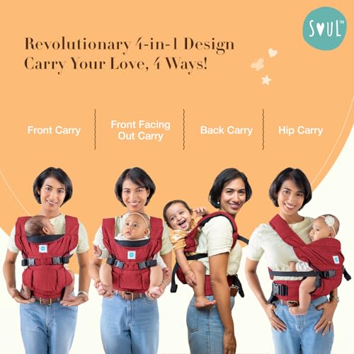 Image of SOULSLINGS 4-in-1 Lali Baby Carrier Bag- Ruby - Cotton | Compact & Lightweight (400g) | Adjustable for 0-24 Months (4-15kg) | Machine Washable & Handwashable | Breastfeeding Friendly