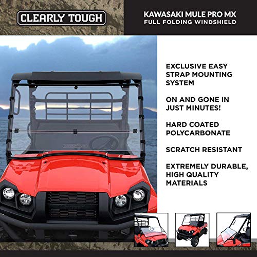 Image of Kawasaki Mule Pro MX Full Folding Windshield by Clearly Tough (52 1 /2 inch wide) | SCRATCH RESISTANT | True Full to Half windshield | Premium Lexan MR10 w / Hard Coat | Proudly Made in America!