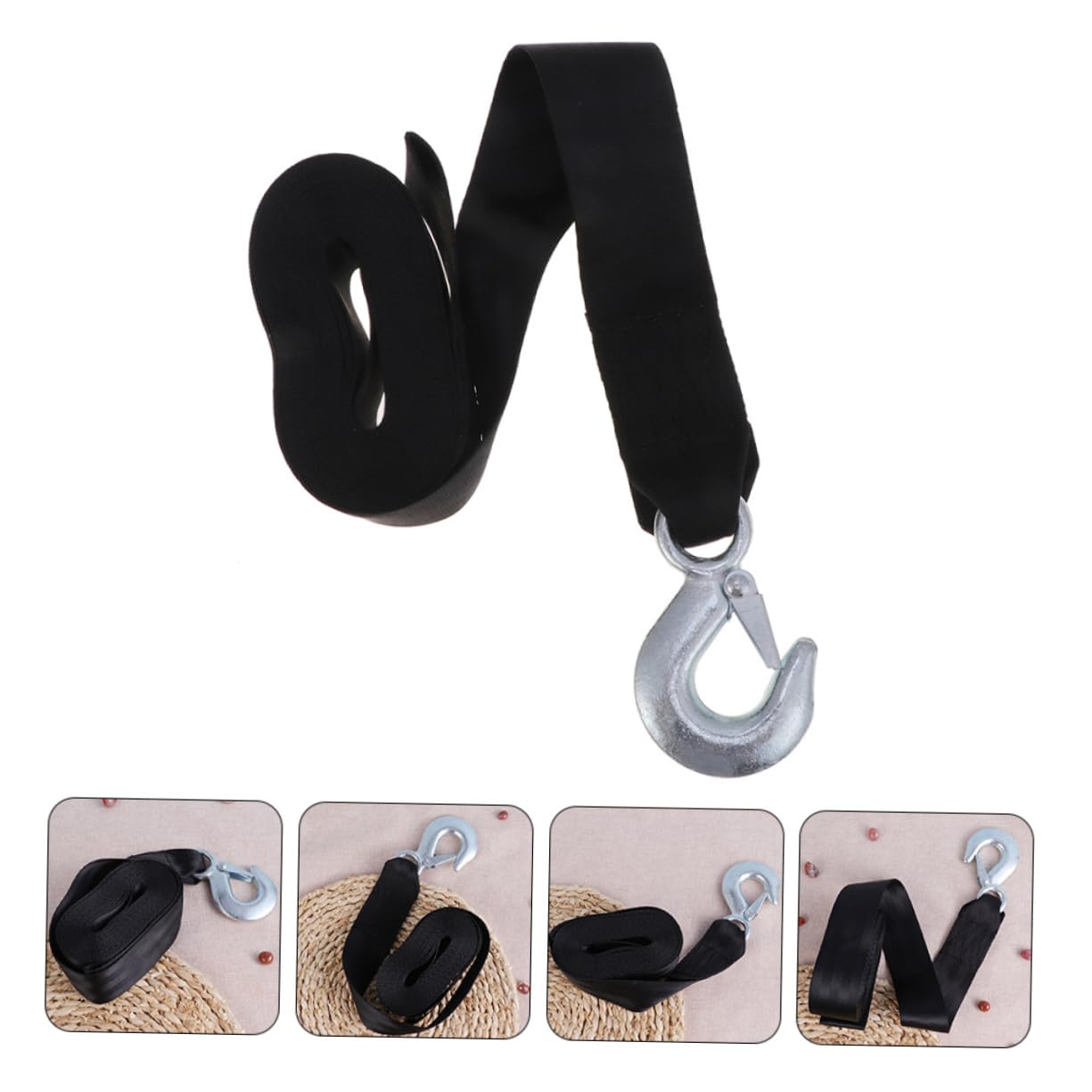 Cinghia Sicura e Anti-vibrazione in Poliestere Nero per Verricello Rimorchio Larghezza 4,7cm con Gancio di Acciaio per Carichi Fino a 1,5 Tonnellate