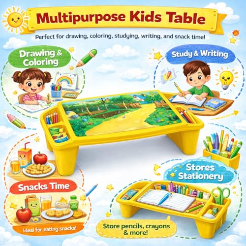 Image of Kids Plastic Multipurpose Game Printed Side Storage Eating, Study, Art & Craft, Games, Drawing, Activity Bed Table - Yellow