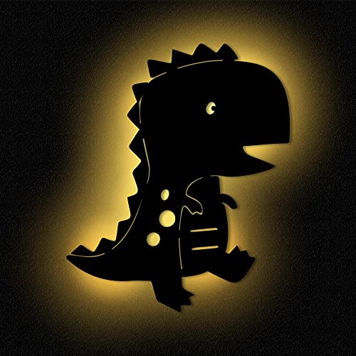 Lampada da parete Dino, luce notturna, per cameretta dei bambini, ragazza, ragazzo, legno MDF, funzionamento a batteria