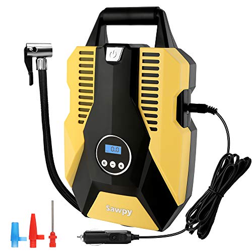 Sawpy Pompe à compresseur d'air Portable 12 V à arrêt Automatique 150 psi Gonfleur de Pneu électrique numérique avec lumière LED d'urgence pour Voiture, Basket-Ball, vélo