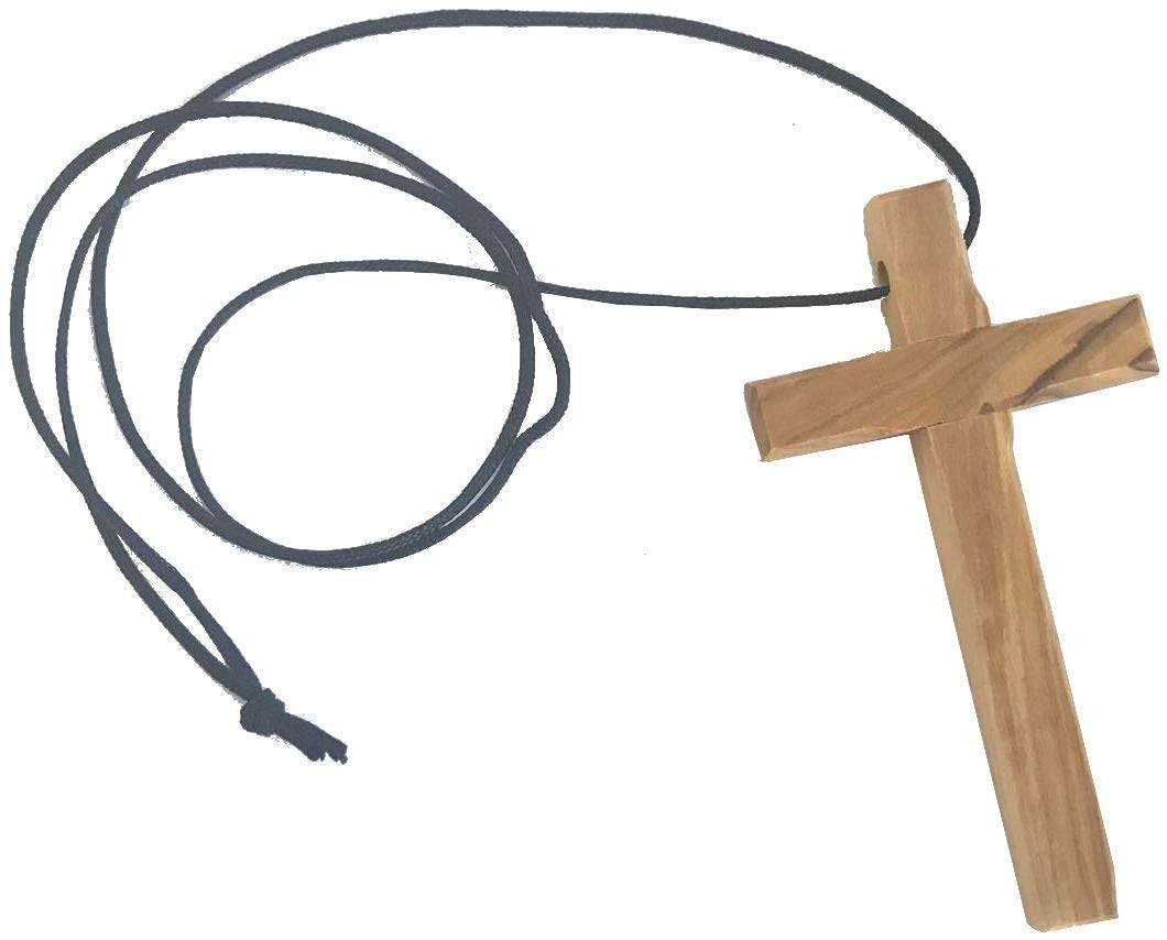 Holy Land Market Thick hand carved olive wood simple Cross - necklace - (9cm or 3.5 inches) with Certificate