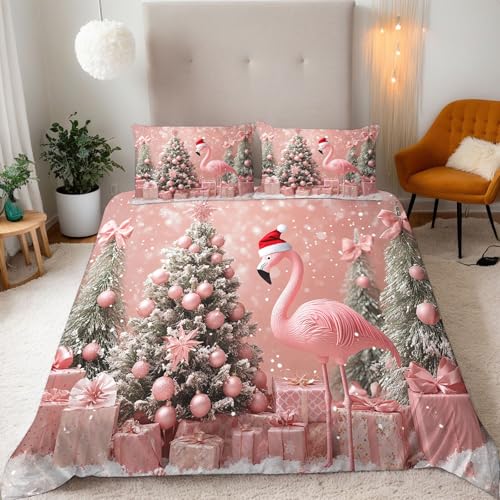 Weihnachten Bettwäsche 135x200 Set 3 Teilig - Mikrofaser Bettwäsche Set - 3D Druck Rosa Weihnachtsbaum Bettbezüge + 2 Kissenbezüge 80x80 mit Reißverschluss Eckbinder für Jungen Kinder Mädchen