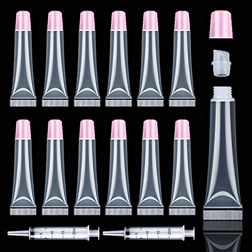 50PCS White Lip Gloss Tubes 15ml Lip Gloss Containers Empty Lip Balm Tubes Refillable Cosmetic Squeeze Lipgloss Tubes + 2 x 20ml Syringes Tag Labels Stickers for DIY Lip Gloss Base Glitter