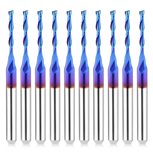 Upcut CNC Router Bits 1/8 inch Shank 1/16'' Cutting Dia Spiral Router Bit 10PCS Two Flutes Carbide End Mills with Coating, 1/8 Spiral Bit Flat Nose CNC Bits Milling Cutter for Wood PVC Cut Engraving