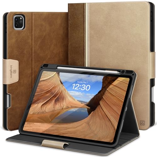 Image of KingBlanc Case for iPad Pro 11-inch (M5 2025 /M4 2024) with Pencil Holder, Vintage Notebook-Style Vegan Leather Cover, Multi-Angle Stand for Viewing & Typing, Magnetic Closure, Auto Sleep /Wake, Beige