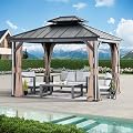 Modern Shade Hardtop Gazebo 10' x 12' with 4 LED Lights, Outdoor Gazebo with Galvanized Steel Double Roof?Four Seasons Pavilion with USB Charging Port Deck, Netting and Curtains for Patios