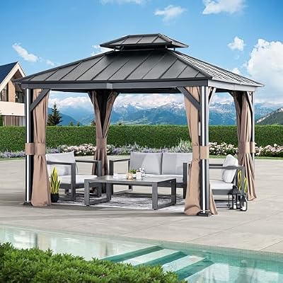 Modern Shade Hardtop Gazebo 10' x 12' with 4 LED Lights, Outdoor Gazebo with Galvanized Steel Double Roof?Four Seasons Pavilion with USB Charging Port Deck, Netting and Curtains for Patios