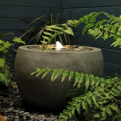 Tankana Garden Water Fountain Outdoor Water Feature Indoor with Lights & Pump and Pebbles,Round Flow Fountain Concrete Effect for Patio Deck Pond Yard Home Decor, Gray, 17.7 "L x 17.7" W x 11.4" H