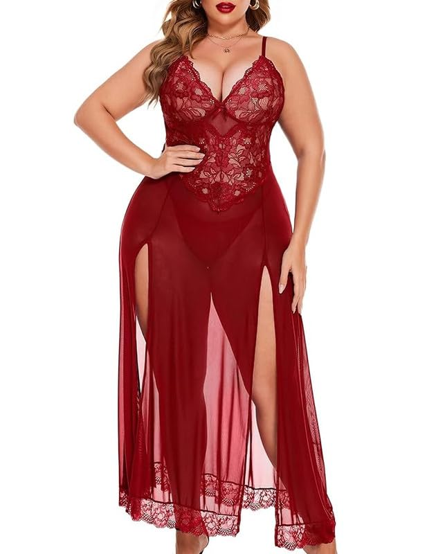 Babydoll Lingerie for Women Lace Bodysuit One Piece Teddy Babydoll Mesh Chemise V Neck Sleepwear with G-String Panty Maroon-image-42