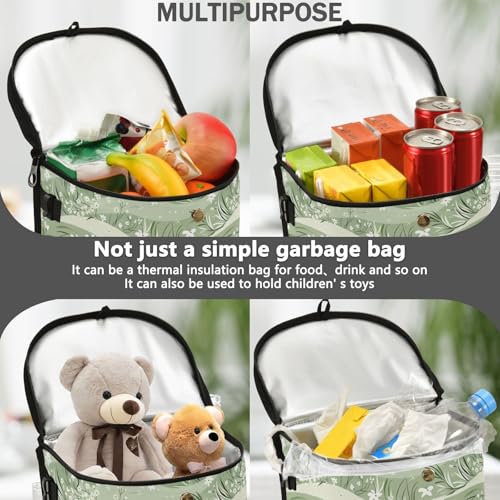 Image of Car Trash Can Sage Florals Green Car Garbage Bag with Lid Hanging Waterproof Leak Proof Vehicle Storage Bin