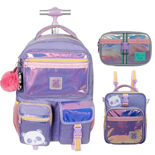 Kit Mochila Rodinhas Ursinho Panda Holografica Teen Lilas Grande com Lancheira e Estojo Box coleção 2026